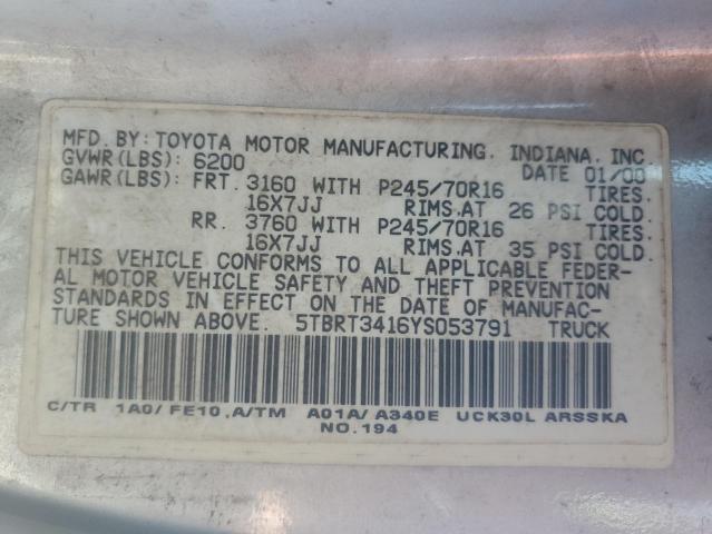 5TBRT3416YS053791 - 2000 TOYOTA TUNDRA ACCESS CAB 银色 照片 13