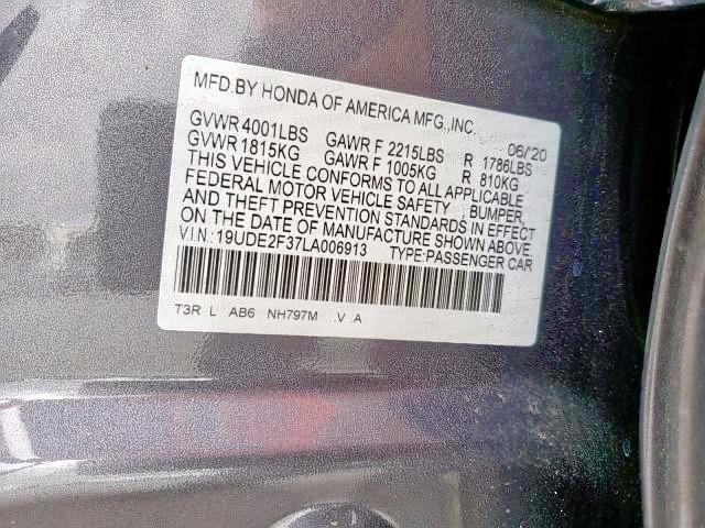 19UDE2F37LA006913 - 2020 ACURA ILX ნაცრისფერი ფოტო 10