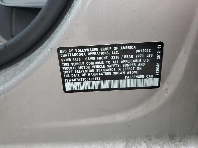 1VWAH7A33CC103153 - 2012 VOLKSWAGEN PASSAT S Күміс фото 12