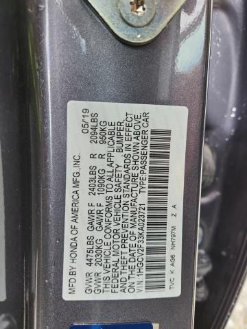 1HGCV2F33KA023721 - 2019 HONDA ACCORD SPORT GRAY photo 12