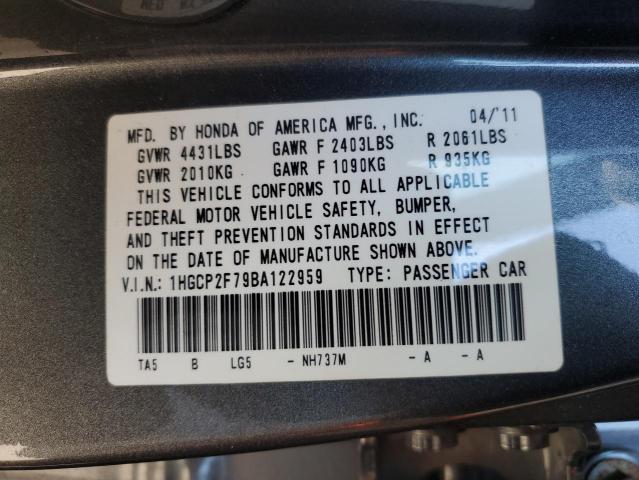 1HGCP2F79BA122959 - 2011 HONDA ACCORD EX ნაცრისფერი ფოტო 12