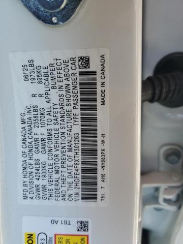 2HGFE4F8XTH301263 - 2026 HONDA CIVIC SPORT WHITE photo 12