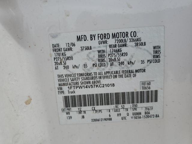 1FTPW14V57KC21018 - 2007 FORD F150 SUPERCREW WHITE photo 12