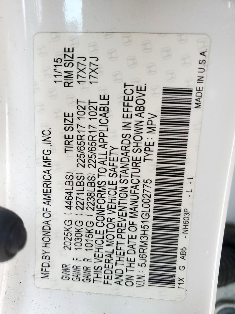 5J6RM3H51GL002775 - 2016 HONDA CR-V EX WHITE photo 13