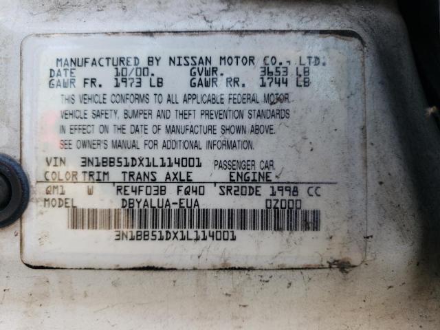 3N1BB51DX1L114001 - 2001 NISSAN SENTRA SE WHITE photo 12