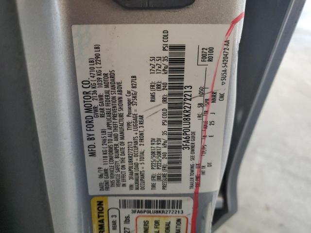 3FA6P0LU8KR272213 - 2019 FORD FUSION SE ვერცხლისფერი ფოტო 12