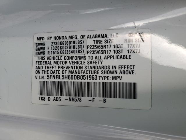 5FNRL5H60DB051963 - 2013 HONDA ODYSSEY EXL თეთრი ფოტო 13