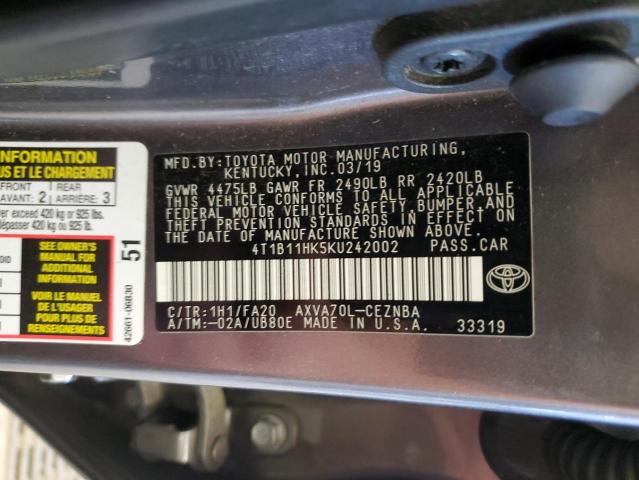 4T1B11HK5KU242002 - 2019 TOYOTA CAMRY L GRAY photo 12