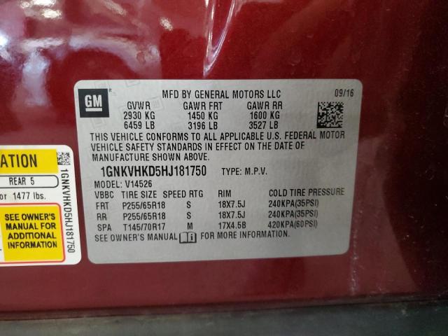 1GNKVHKD5HJ181750 - 2017 CHEVROLET TRAVERSE LT RED photo 13