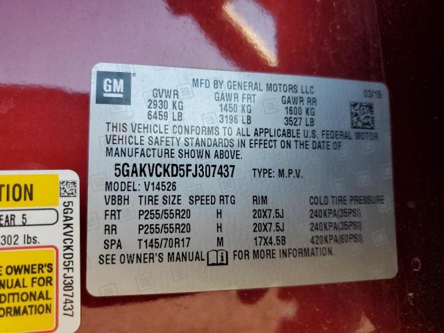 5GAKVCKD5FJ307437 - 2015 BUICK ENCLAVE RED photo 13