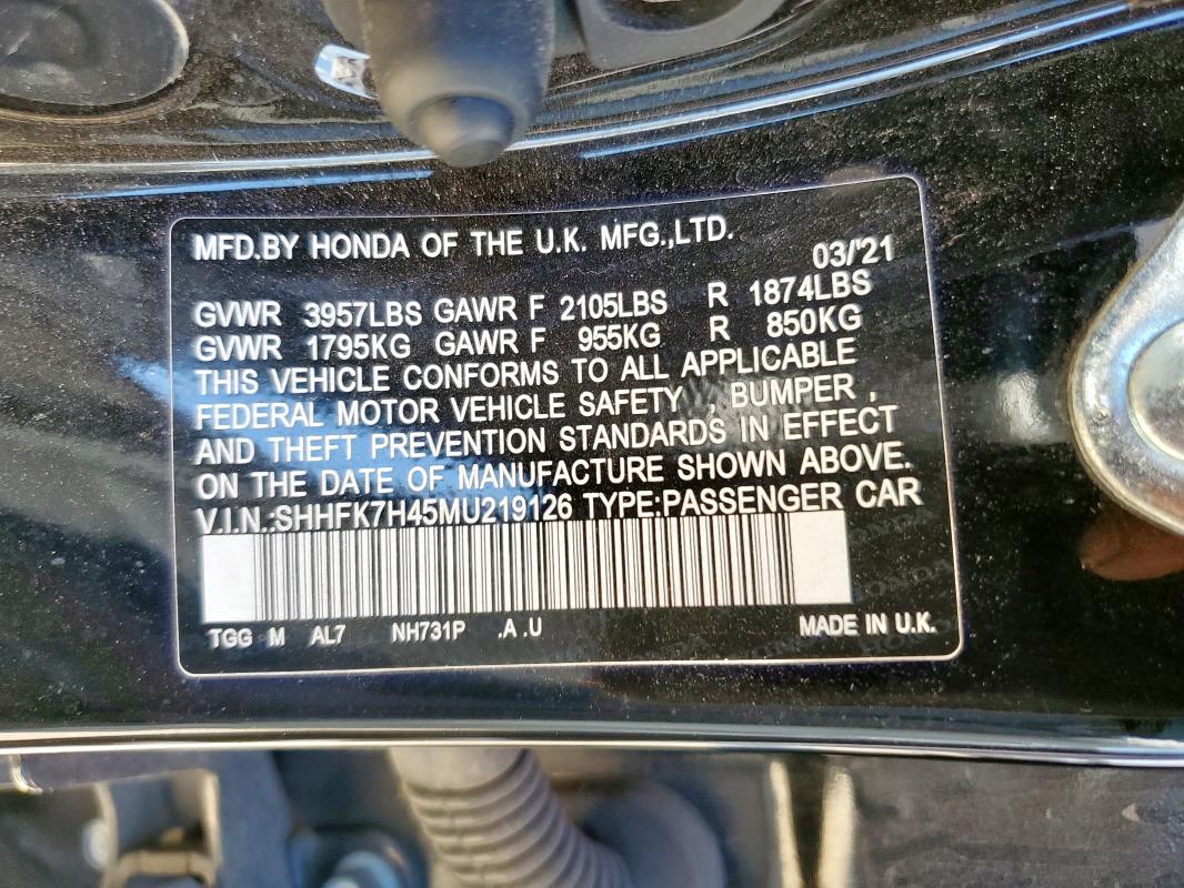 SHHFK7H45MU219126 - 2021 HONDA CIVIC SPORT BLACK photo 12