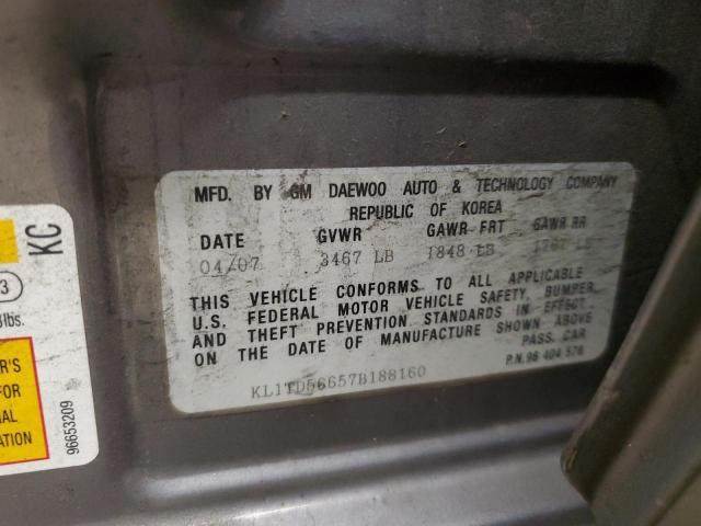 KL1TD56657B188160 - 2007 CHEVROLET AVEO BASE GRAY photo 12