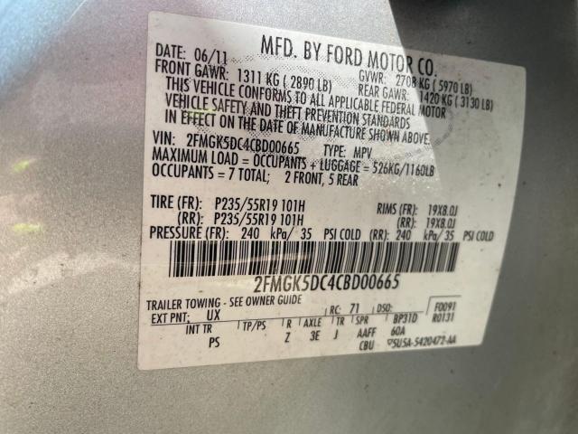 2FMGK5DC4CBD00665 - 2012 FORD FLEX LIMITED SILVER photo 10