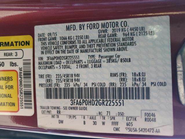 3FA6P0HD2GR225551 - 2016 FORD FUSION SE RED photo 12