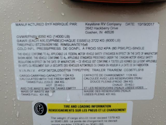 4YDF3672XJ2507759 - 2018 KEYSTONE COUGAR BEIGE photo 10