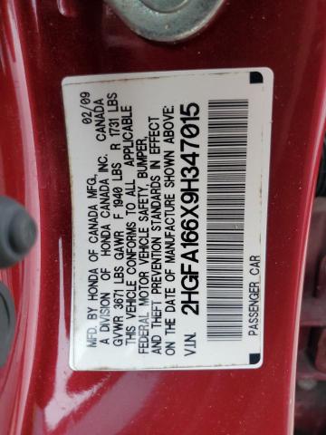 2HGFA166X9H347015 - 2009 HONDA CIVIC LX-S 勃艮第红 照片 12