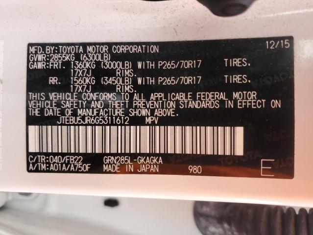 JTEBU5JR6G5311612 - 2016 TOYOTA 4RUNNER SR5/SR5 PREMIUM 白色 照片 12