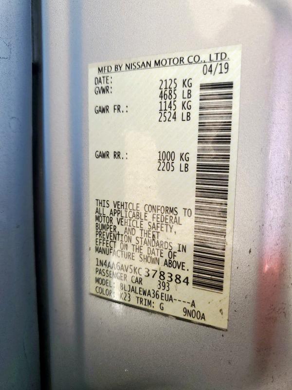 1N4AA6AV5KC378384 - 2019 NISSAN MAXIMA S SILVER photo 13