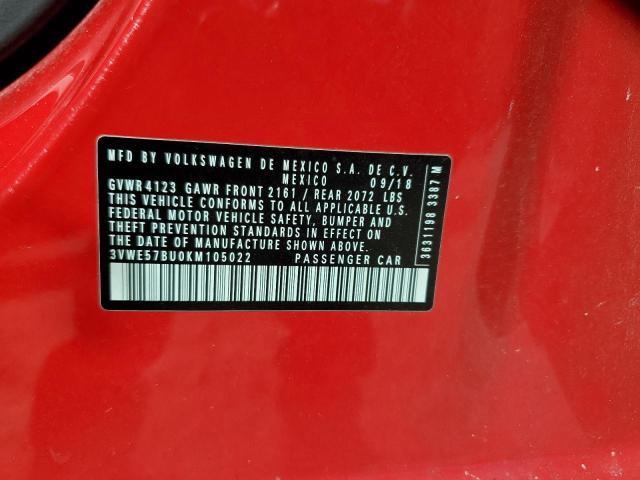 3VWE57BU0KM105022 - 2019 VOLKSWAGEN JETTA SEL წითელი ფოტო 12