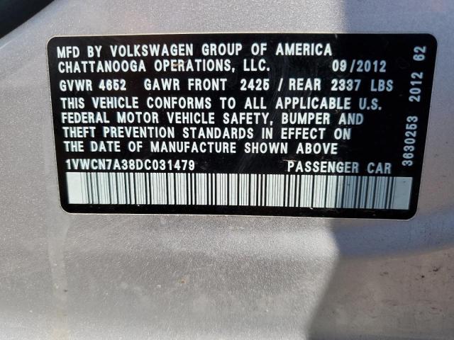 1VWCN7A38DC031479 - 2013 VOLKSWAGEN PASSAT SEL SILVER photo 12