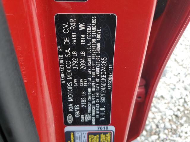 3KPF24AD1KE024265 - 2019 KIA FORTE FE Կարմիր լուսանկար 12