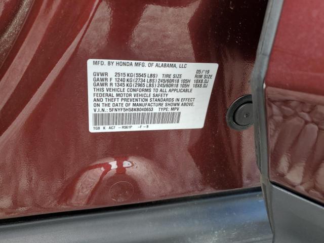 5FNYF5H58KB040653 - 2019 HONDA PILOT EXL BURGUNDY photo 13