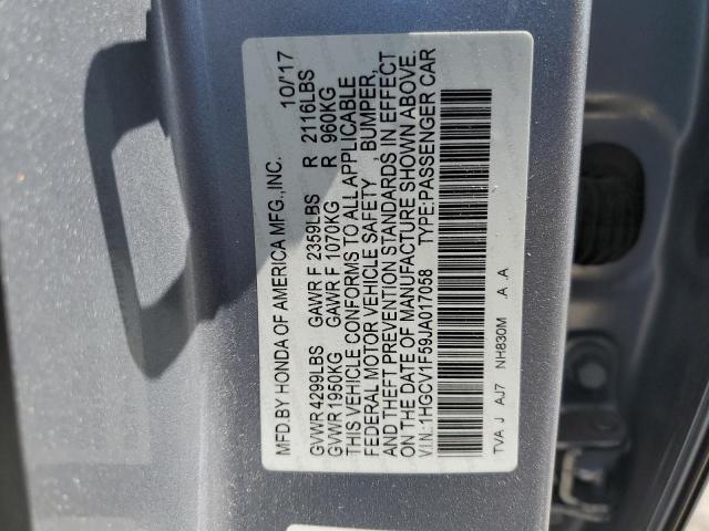 1HGCV1F59JA017058 - 2018 HONDA ACCORD EXL ნაცრისფერი ფოტო 12