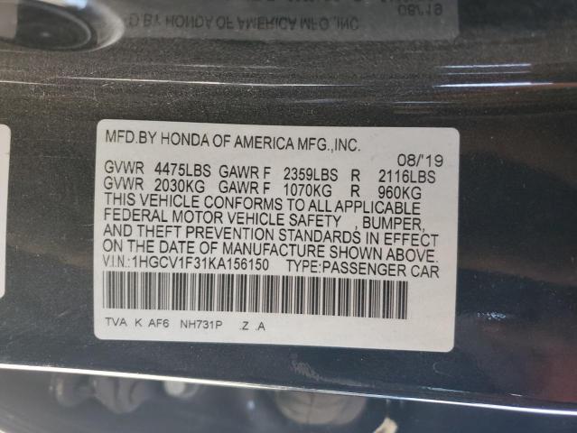 1HGCV1F31KA156150 - 2019 HONDA ACCORD SPORT BLACK photo 12