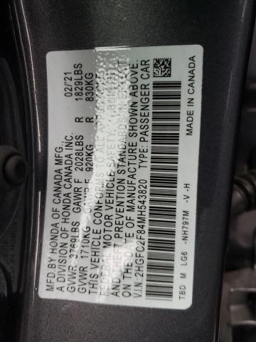 2HGFC2F84MH543820 - 2021 HONDA CIVIC SPORT გრაფიტი ფოტო 12