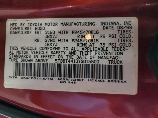 5TBBT4410YS015500 - 2000 TOYOTA TUNDRA ACCESS CAB BURGUNDY photo 12