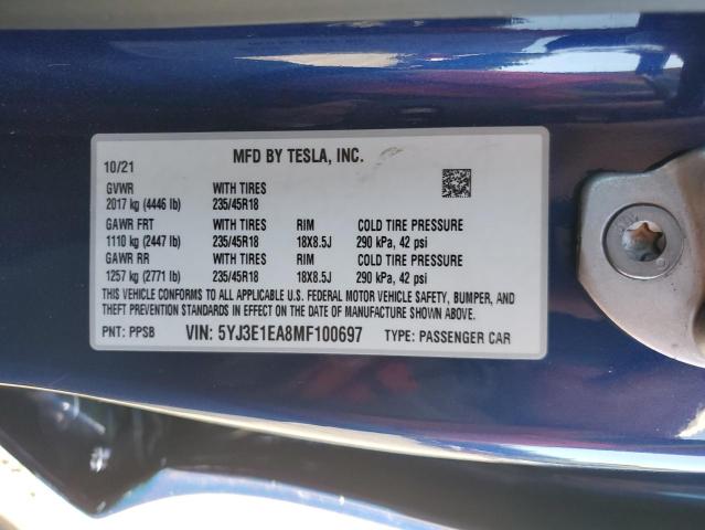 5YJ3E1EA8MF100697 - 2021 TESLA MODEL 3 BLUE photo 12