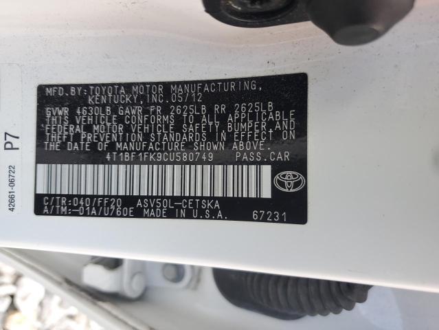 4T1BF1FK9CU580749 - 2012 TOYOTA CAMRY BASE WHITE photo 12