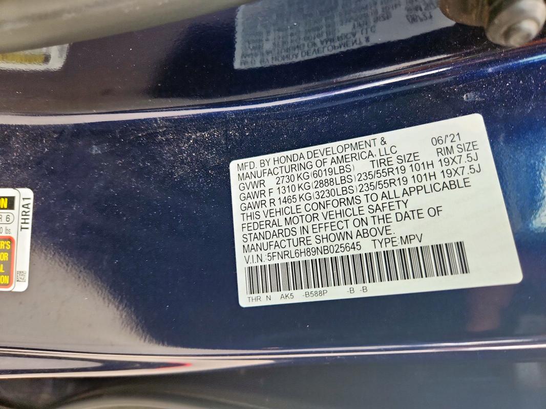 5FNRL6H89NB025645 - 2022 HONDA ODYSSEY TOURING 蓝色 照片 13