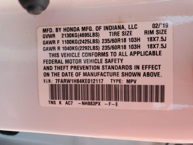 7FARW1H84KE012117 - 2019 HONDA CR-V EXL WHITE photo 13