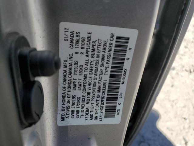 2HGFB2F87CH333911 - 2012 HONDA CIVIC EX Silber Foto 12