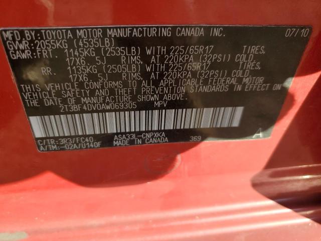 2T3BF4DV0AW069305 - 2010 TOYOTA RAV4 RED photo 13