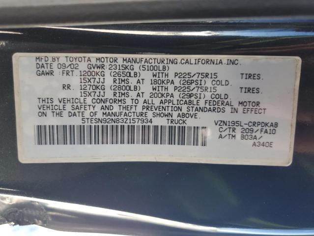 5TESN92N83Z157934 - 2003 TOYOTA TACOMA XTRACAB PRERUNNER შავი ფოტო 13