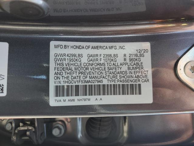 1HGCV1F53MA027945 - 2021 HONDA ACCORD EXL CHARCOAL photo 12