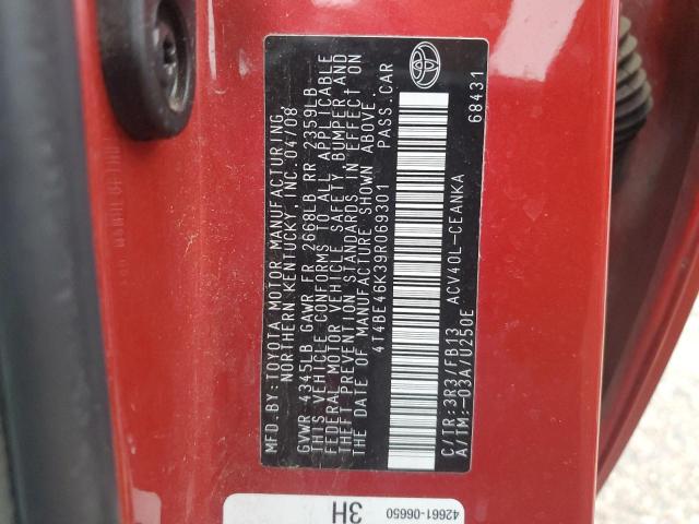 4T4BE46K39R069301 - 2009 TOYOTA CAMRY BASE RED photo 12