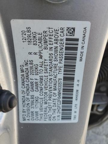 2HGFC2F64MH530578 - 2021 HONDA CIVIC LX 银色 照片 12