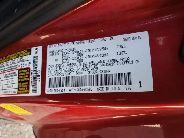 5TFRZ5CN5KX072808 - 2019 TOYOTA TACOMA ACCESS CAB Қызыл фото 12
