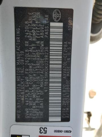 4T1B61HK0KU298236 - 2019 TOYOTA CAMRY XSE თეთრი ფოტო 13