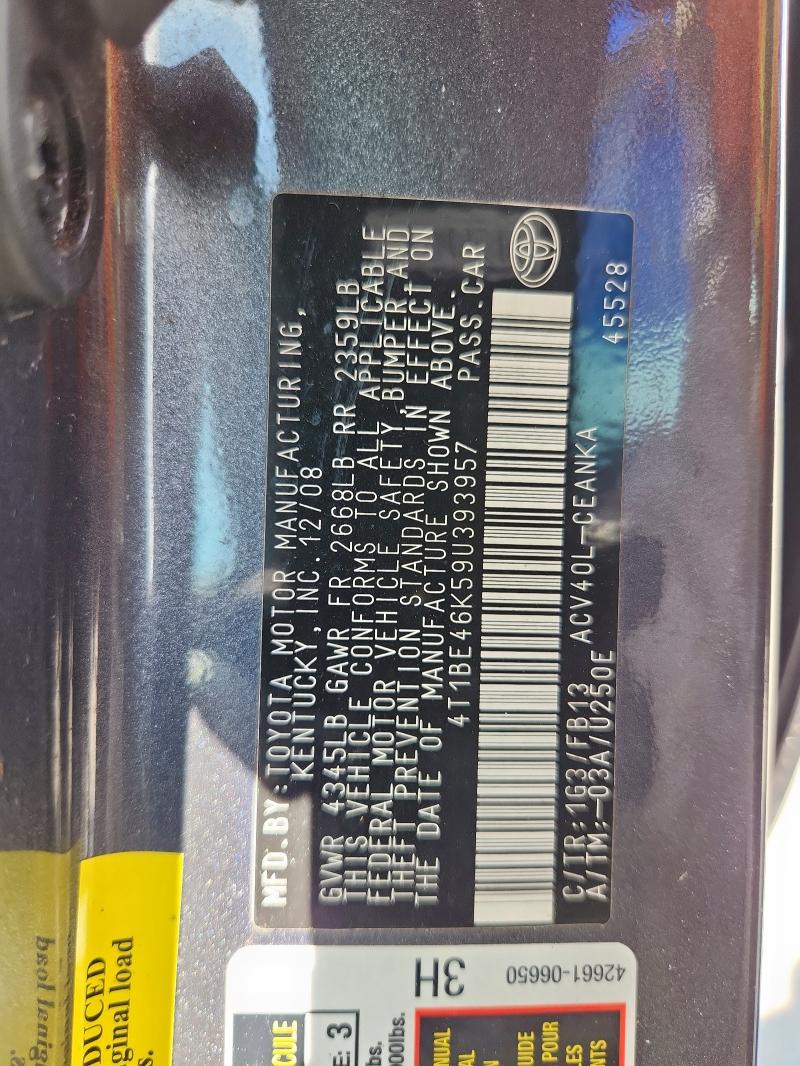 4T1BE46K59U393957 - 2009 TOYOTA CAMRY BASE GRAY photo 13