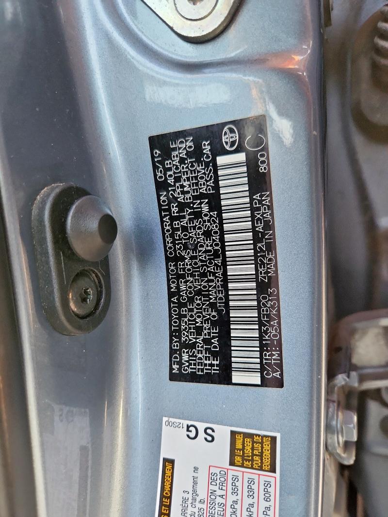 JTDEPRAE4LJ040824 - 2020 TOYOTA COROLLA LE BLUE photo 12