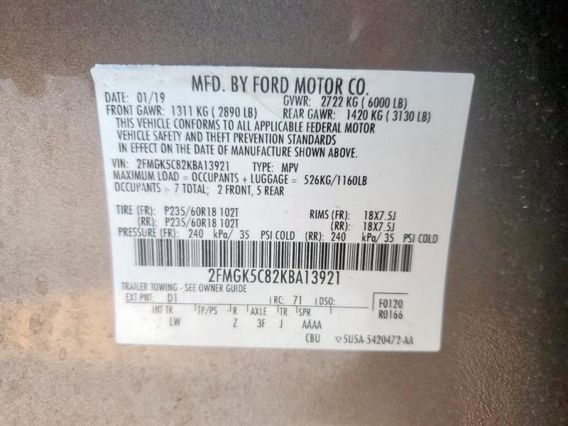 2FMGK5C82KBA13921 - 2019 FORD FLEX SEL თაფლისფერი ფოტო 13