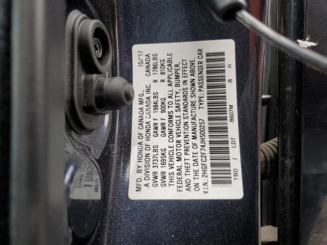 2HGFC2F74JH500257 - 2018 HONDA CIVIC EX GRAY photo 12