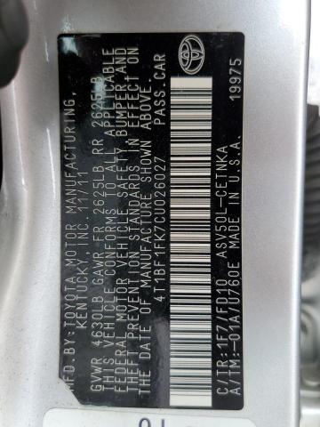 4T1BF1FK7CU026027 - 2012 TOYOTA CAMRY BASE SILVER photo 12