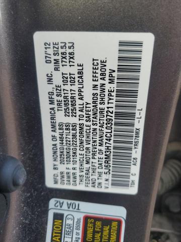 5J6RM3H74CL039721 - 2012 HONDA CR-V EXL GRAY photo 14