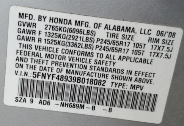 5FNYF48939B018082 - 2009 HONDA PILOT TOURING SILVER photo 12