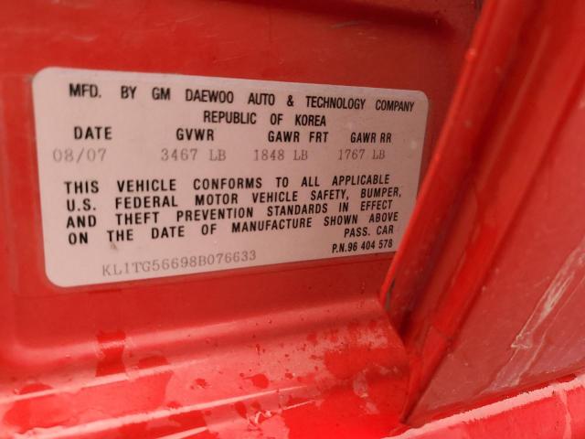 KL1TG56698B076633 - 2008 CHEVROLET AVEO LT RED photo 12